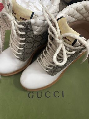Gucci Beige Monogram & White Quilted Lace-Up Platform Boots